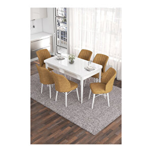 Eva Serisi, 80x132 Açılabilir Mdf Beyaz Masa,mutfak Masası Ve 6 Sandalye Cappucino