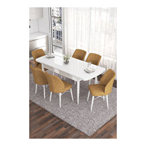 Eva Serisi, 80x132 Açılabilir Mdf Beyaz Masa,mutfak Masası Ve 6 Sandalye Cappucino