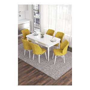 Eva Serisi, 80x132 Açılabilir Mdf Beyaz Masa,mutfak Masası Ve 6 Sandalye Hardal