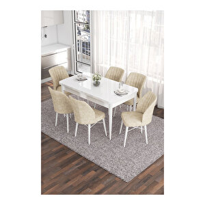 Eva Serisi, 80x132 Açılabilir Mdf Beyaz Masa,mutfak Masası Ve 6 Sandalye Krem