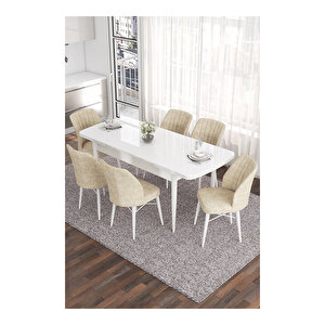 Eva Serisi, 80x132 Açılabilir Mdf Beyaz Masa,mutfak Masası Ve 6 Sandalye Krem