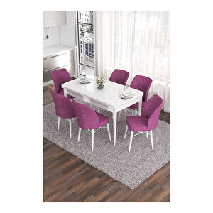 Eva Serisi, 80x132 Açılabilir Mdf Beyaz Masa,mutfak Masası Ve 6 Sandalye Mor