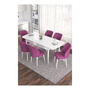 Eva Serisi, 80x132 Açılabilir Mdf Beyaz Masa,mutfak Masası Ve 6 Sandalye Mor