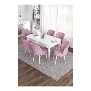 Eva Serisi, 80x132 Açılabilir Mdf Beyaz Masa,mutfak Masası Ve 6 Sandalye Pembe