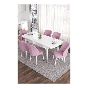 Eva Serisi, 80x132 Açılabilir Mdf Beyaz Masa,mutfak Masası Ve 6 Sandalye Pembe