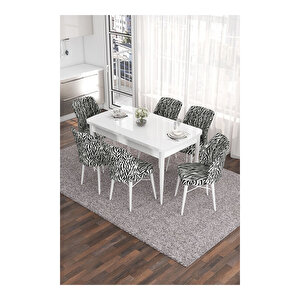 Eva Serisi, 80x132 Açılabilir Mdf Beyaz Masa,mutfak Masası Ve 6 Sandalye Zebra