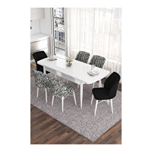 Eva Serisi, 80x132 Açılabilir Mdf Beyaz Masa,mutfak Masası Ve 2 Siyah 4 Zebra Sandalye