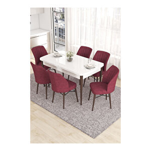 Eva Serisi, 80x132 Açılabilir Mdf Beyaz Masa Ceviz Ayak Mutfak Masası Ve 6 Sandalye Bordo