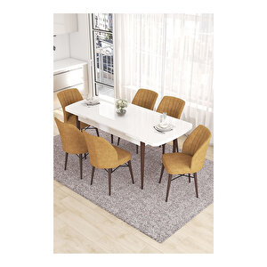 Eva Serisi, 80x132 Açılabilir Mdf Beyaz Masa Ceviz Ayak Mutfak Masası Ve 6 Sandalye Cappucino