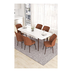 Eva Serisi, 80x132 Açılabilir Mdf Beyaz Masa Ceviz Ayak Mutfak Masası Ve 6 Sandalye Kiremit