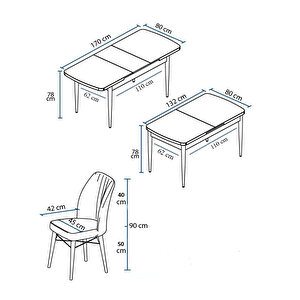 Eva Serisi, 80x132 Açılabilir Mdf Beyaz Masa Ceviz Ayak Mutfak Masası Ve 6 Sandalye