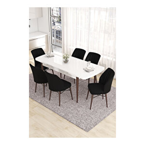 Eva Serisi, 80x132 Açılabilir Mdf Beyaz Masa Ceviz Ayak Mutfak Masası Ve 6 Sandalye Siyah