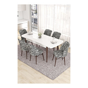 Eva Serisi, 80x132 Açılabilir Mdf Beyaz Masa Ceviz Ayak Mutfak Masası Ve 6 Sandalye Zebra