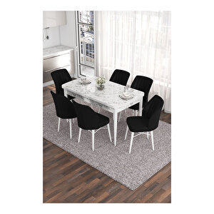 Eva Serisi, 80x132 Açılabilir Mdf Beyaz Mermer Desen Masa Mutfak Masası Ve 6 Sandalye Siyah
