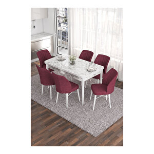 Eva Serisi, 80x132 Açılabilir Mdf Beyaz Mermer Desen Masa Mutfak Masası Ve 6 Sandalye Bordo