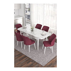 Eva Serisi, 80x132 Açılabilir Mdf Beyaz Mermer Desen Masa Mutfak Masası Ve 6 Sandalye Bordo