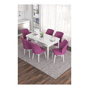 Eva Serisi, 80x132 Açılabilir Mdf Beyaz Mermer Desen Masa Mutfak Masası Ve 6 Sandalye Mor