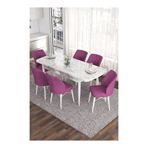 Eva Serisi, 80x132 Açılabilir Mdf Beyaz Mermer Desen Masa Mutfak Masası Ve 6 Sandalye Mor