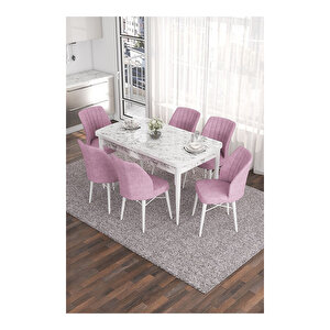 Eva Serisi, 80x132 Açılabilir Mdf Beyaz Mermer Desen Masa Mutfak Masası Ve 6 Sandalye Pembe