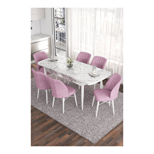 Eva Serisi, 80x132 Açılabilir Mdf Beyaz Mermer Desen Masa Mutfak Masası Ve 6 Sandalye Pembe