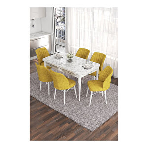 Eva Serisi, 80x132 Açılabilir Mdf Beyaz Mermer Desen Masa Mutfak Masası Ve 6 Sandalye Hardal
