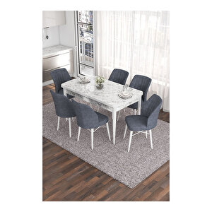Eva Serisi, 80x132 Açılabilir Mdf Beyaz Mermer Desen Masa Mutfak Masası Ve 6 Sandalye Füme