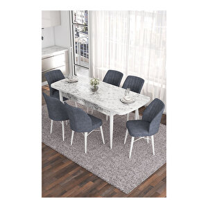 Eva Serisi, 80x132 Açılabilir Mdf Beyaz Mermer Desen Masa Mutfak Masası Ve 6 Sandalye