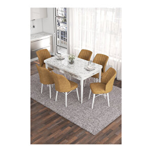 Eva Serisi, 80x132 Açılabilir Mdf Beyaz Mermer Desen Masa Mutfak Masası Ve 6 Sandalye Cappucino