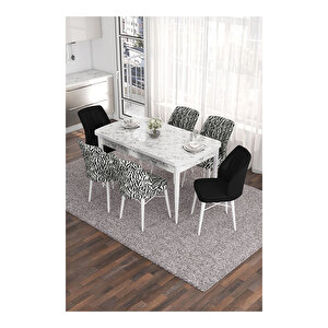 Eva Serisi, 80x132 Açılabilir Mdf Beyaz Mermer Desen Masa Mutfak Masası Ve 2 Siyah 4 Zebra Sandalye