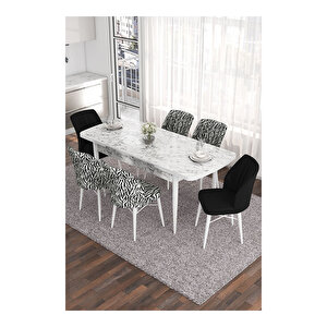 Eva Serisi, 80x132 Açılabilir Mdf Beyaz Mermer Desen Masa Mutfak Masası Ve 2 Siyah 4 Zebra Sandalye