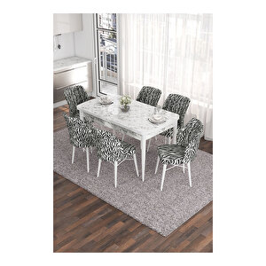 Eva Serisi, 80x132 Açılabilir Mdf Beyaz Mermer Desen Masa Mutfak Masası Ve 6 Sandalye Zebra