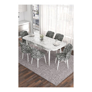 Eva Serisi, 80x132 Açılabilir Mdf Beyaz Mermer Desen Masa Mutfak Masası Ve 6 Sandalye Zebra