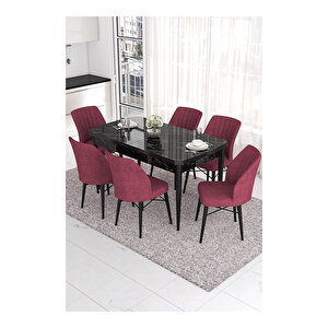 Eva Serisi, 80x132 Açılabilir Mdf Siyah Mermer Desen Masa Mutfak Masası Ve 6 Sandalye Bordo