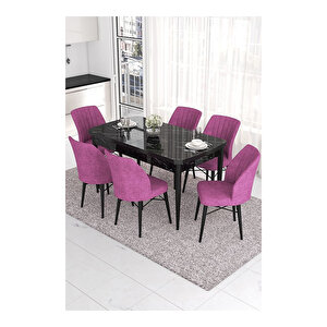 Eva Serisi, 80x132 Açılabilir Mdf Siyah Mermer Desen Masa Mutfak Masası Ve 6 Sandalye Mor