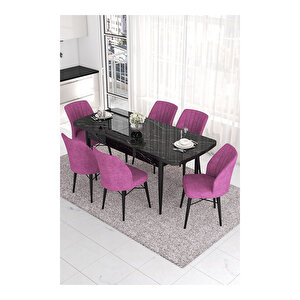 Eva Serisi, 80x132 Açılabilir Mdf Siyah Mermer Desen Masa Mutfak Masası Ve 6 Sandalye Mor