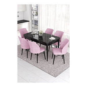 Eva Serisi, 80x132 Açılabilir Mdf Siyah Mermer Desen Masa Mutfak Masası Ve 6 Sandalye Pembe