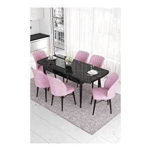 Eva Serisi, 80x132 Açılabilir Mdf Siyah Mermer Desen Masa Mutfak Masası Ve 6 Sandalye Pembe