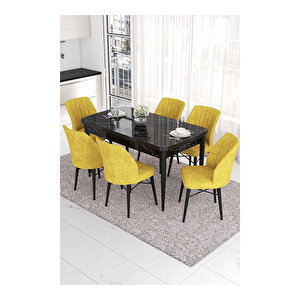 Eva Serisi, 80x132 Açılabilir Mdf Siyah Mermer Desen Masa Mutfak Masası Ve 6 Sandalye Hardal