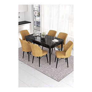 Eva Serisi, 80x132 Açılabilir Mdf Siyah Mermer Desen Masa Mutfak Masası Ve 6 Sandalye Cappucino