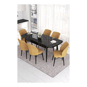 Eva Serisi, 80x132 Açılabilir Mdf Siyah Mermer Desen Masa Mutfak Masası Ve 6 Sandalye Cappucino