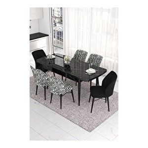 Eva Serisi, 80x132 Açılabilir Mdf Siyah Mermer Desen Masa Mutfak Masası Ve 2 Siyah 4 Zebra Sandalye