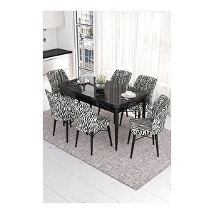Eva Serisi, 80x132 Açılabilir Mdf Siyah Mermer Desen Masa Mutfak Masası Ve 6 Sandalye Zebra