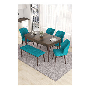Eva Serisi, 80x132 Açılabilir Mdf Barok Ahşap Desen Mutfak Masası Ve 4 Sandalye 1 Bench Turkuaz