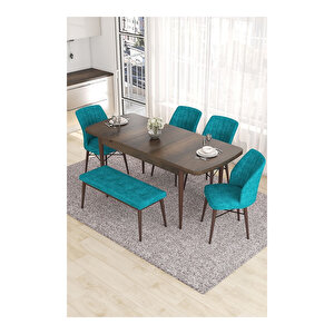 Eva Serisi, 80x132 Açılabilir Mdf Barok Ahşap Desen Mutfak Masası Ve 4 Sandalye 1 Bench Turkuaz