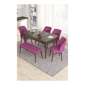 Eva Serisi, 80x132 Açılabilir Mdf Barok Ahşap Desen Mutfak Masası Ve 4 Sandalye 1 Bench Mor