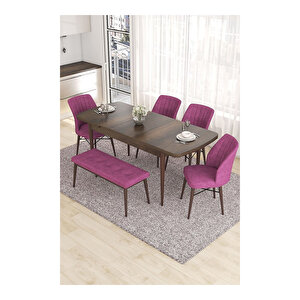 Eva Serisi, 80x132 Açılabilir Mdf Barok Ahşap Desen Mutfak Masası Ve 4 Sandalye 1 Bench Mor