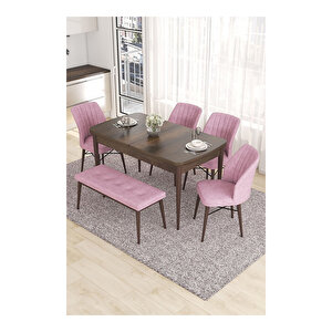 Eva Serisi, 80x132 Açılabilir Mdf Barok Ahşap Desen Mutfak Masası Ve 4 Sandalye 1 Bench Pembe