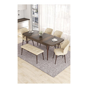 Eva Serisi, 80x132 Açılabilir Mdf Barok Ahşap Desen Mutfak Masası Ve 4 Sandalye 1 Bench Krem