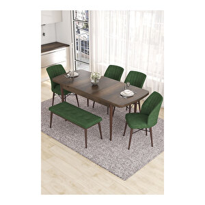 Eva Serisi, 80x132 Açılabilir Mdf Barok Ahşap Desen Mutfak Masası Ve 4 Sandalye 1 Bench Su Yeşili