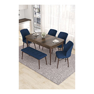 Eva Serisi, 80x132 Açılabilir Mdf Barok Ahşap Desen Mutfak Masası Ve 4 Sandalye 1 Bench Lacivert